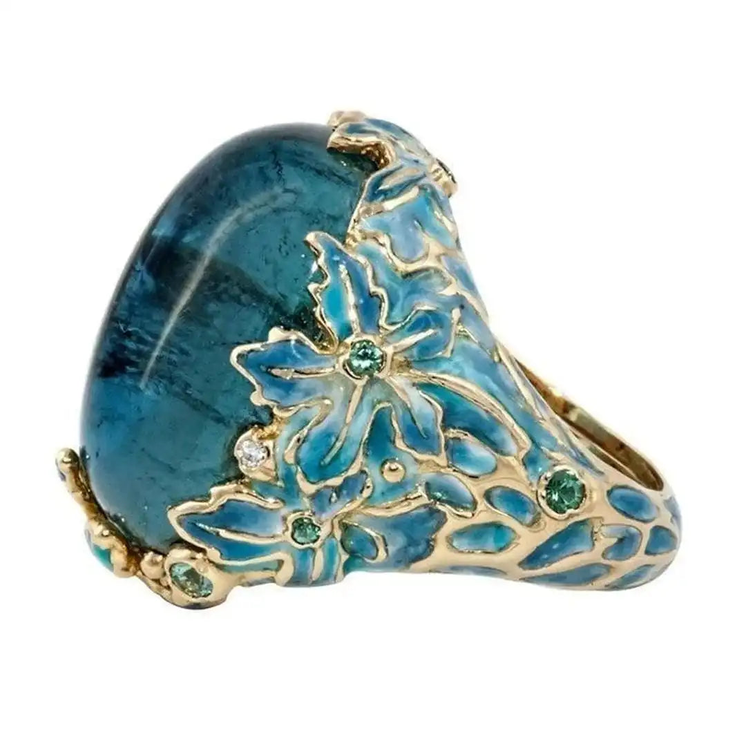 Gold Statement Ring with Blue Stone and Enamel Flowers