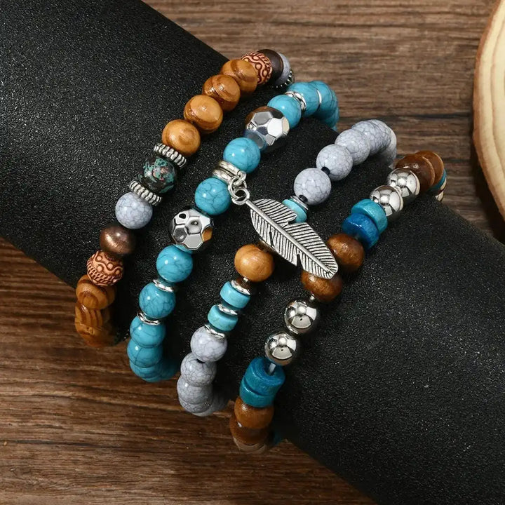 Silver Turquoise Beaded Bracelet Set with Feather Charm