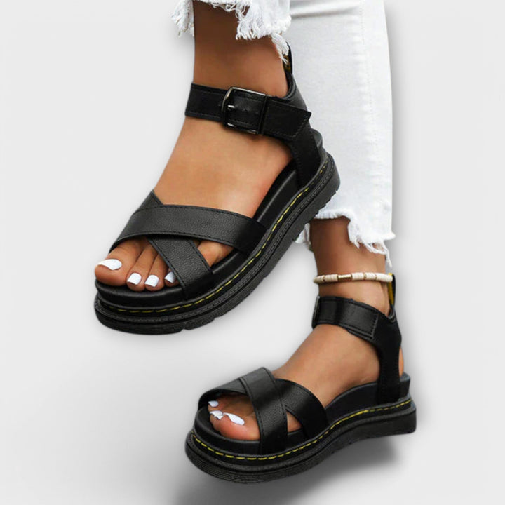 Roswitha - Schwarze Plateau-Sport-Sandalen