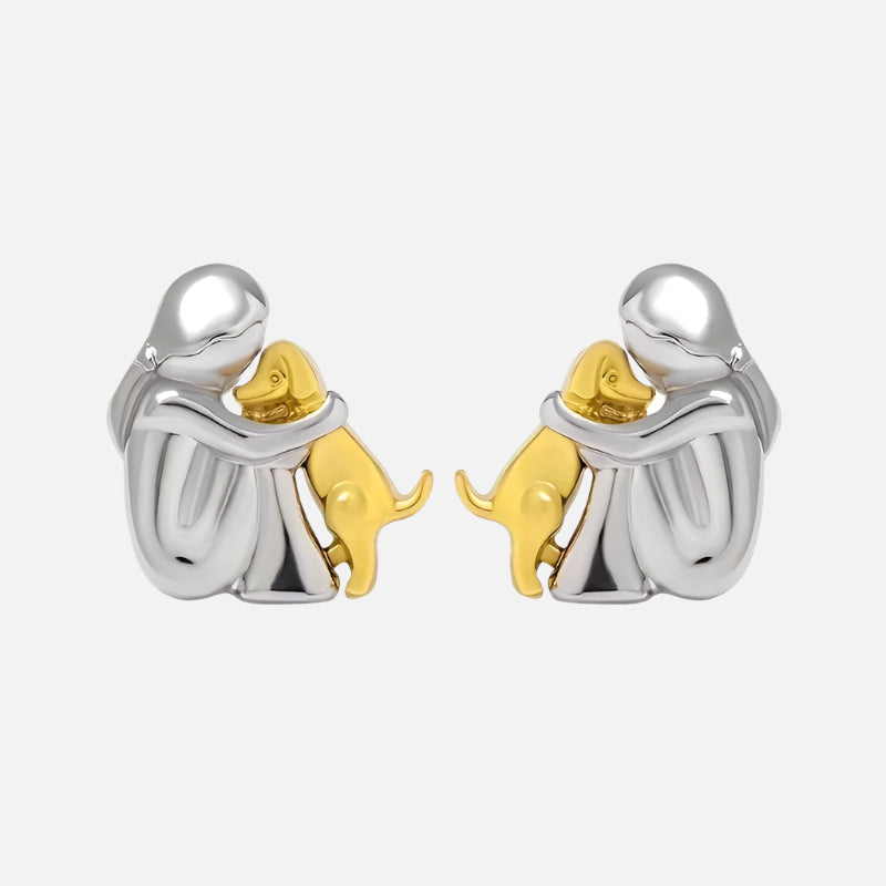 Gold & Silver Stud Earrings with Dog Cuddle Motif