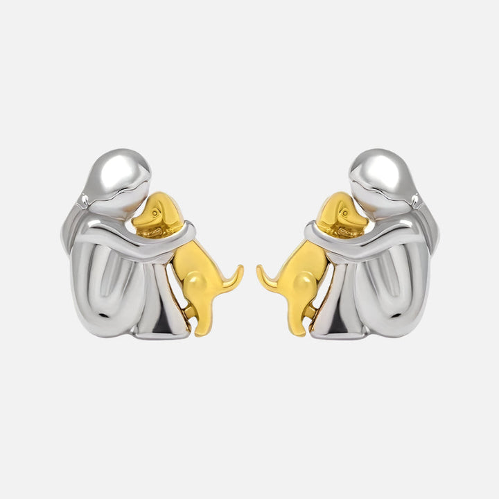 Gold & Silver Stud Earrings with Dog Cuddle Motif