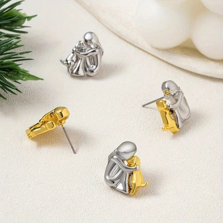 Gold & Silver Stud Earrings with Dog Cuddle Motif