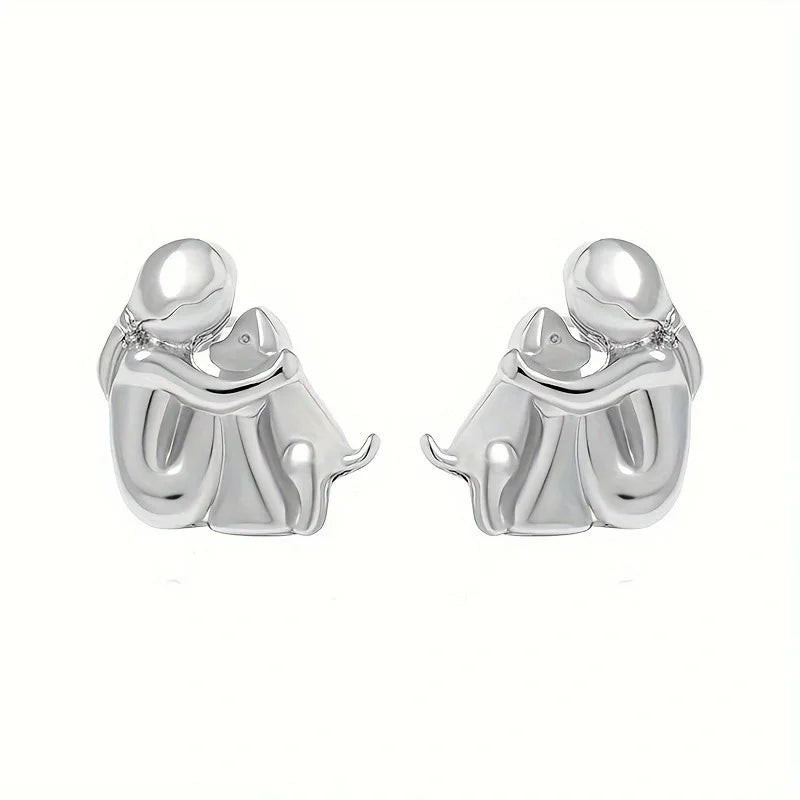 Gold & Silver Stud Earrings with Dog Cuddle Motif