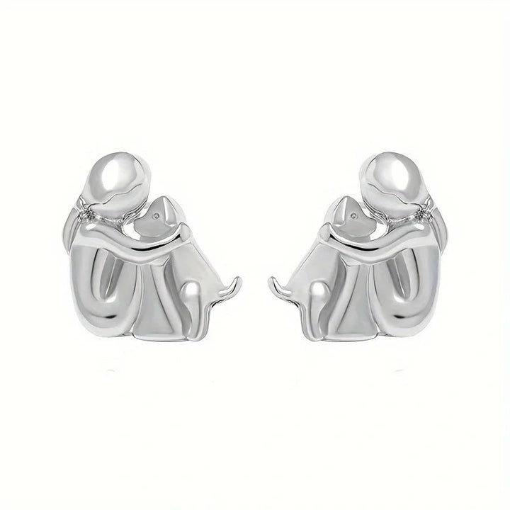 Gold & Silver Stud Earrings with Dog Cuddle Motif