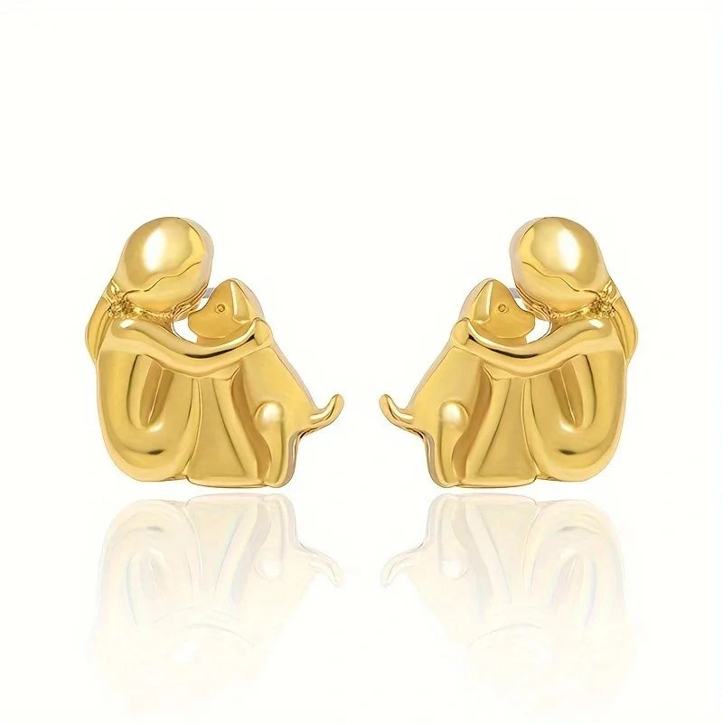 Gold & Silver Stud Earrings with Dog Cuddle Motif