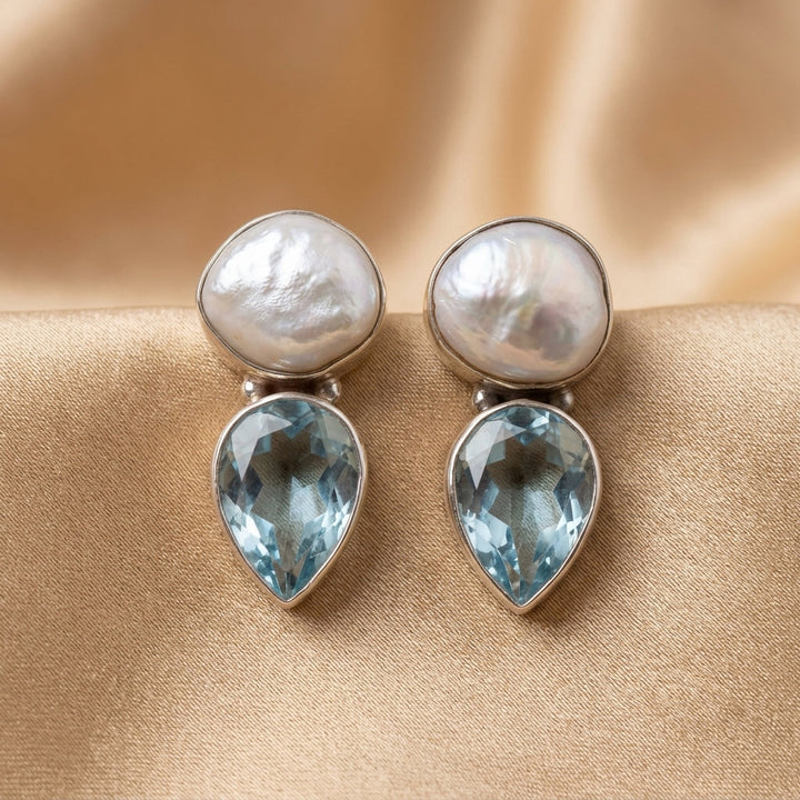 Silver Drop Earrings Fiadh with Pearl and Blue Sapphire
