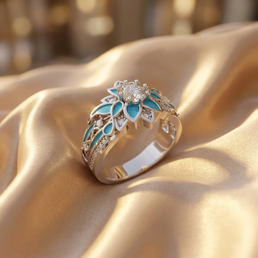 Gold & Silver Ring Dervla with Turquoise Floral Motif