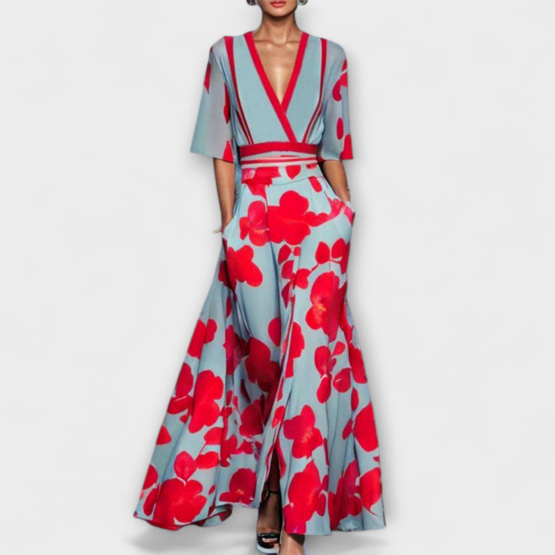 Alea - Buntes Kleid mit Rosenmuster und V-Ausschnitt