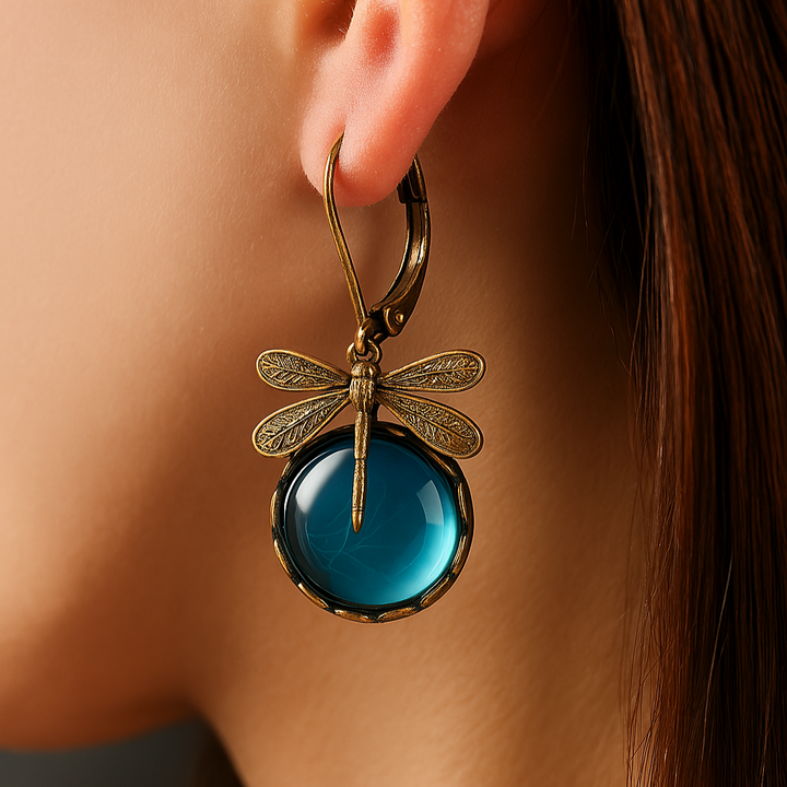Gold Drop Earrings Dervla with Dragonfly and Teal Stone