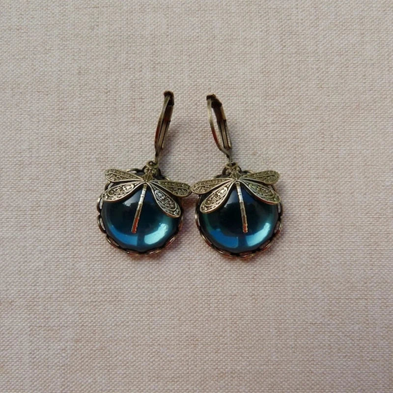 Gold Drop Earrings Dervla with Dragonfly and Teal Stone