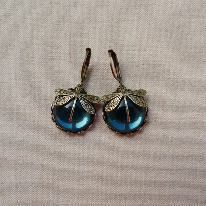 Gold Drop Earrings Dervla with Dragonfly and Teal Stone