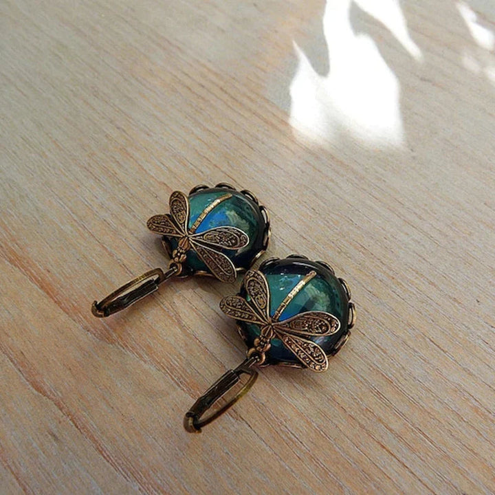 Gold Drop Earrings Dervla with Dragonfly and Teal Stone