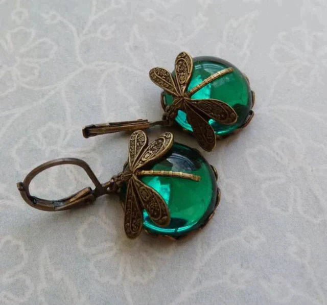 Gold Drop Earrings Dervla with Dragonfly and Teal Stone