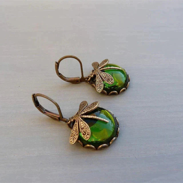 Gold Drop Earrings Dervla with Dragonfly and Teal Stone