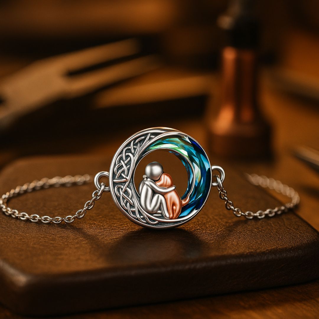 Silver Bracelet with Person Hugging Dog on Celtic Moon