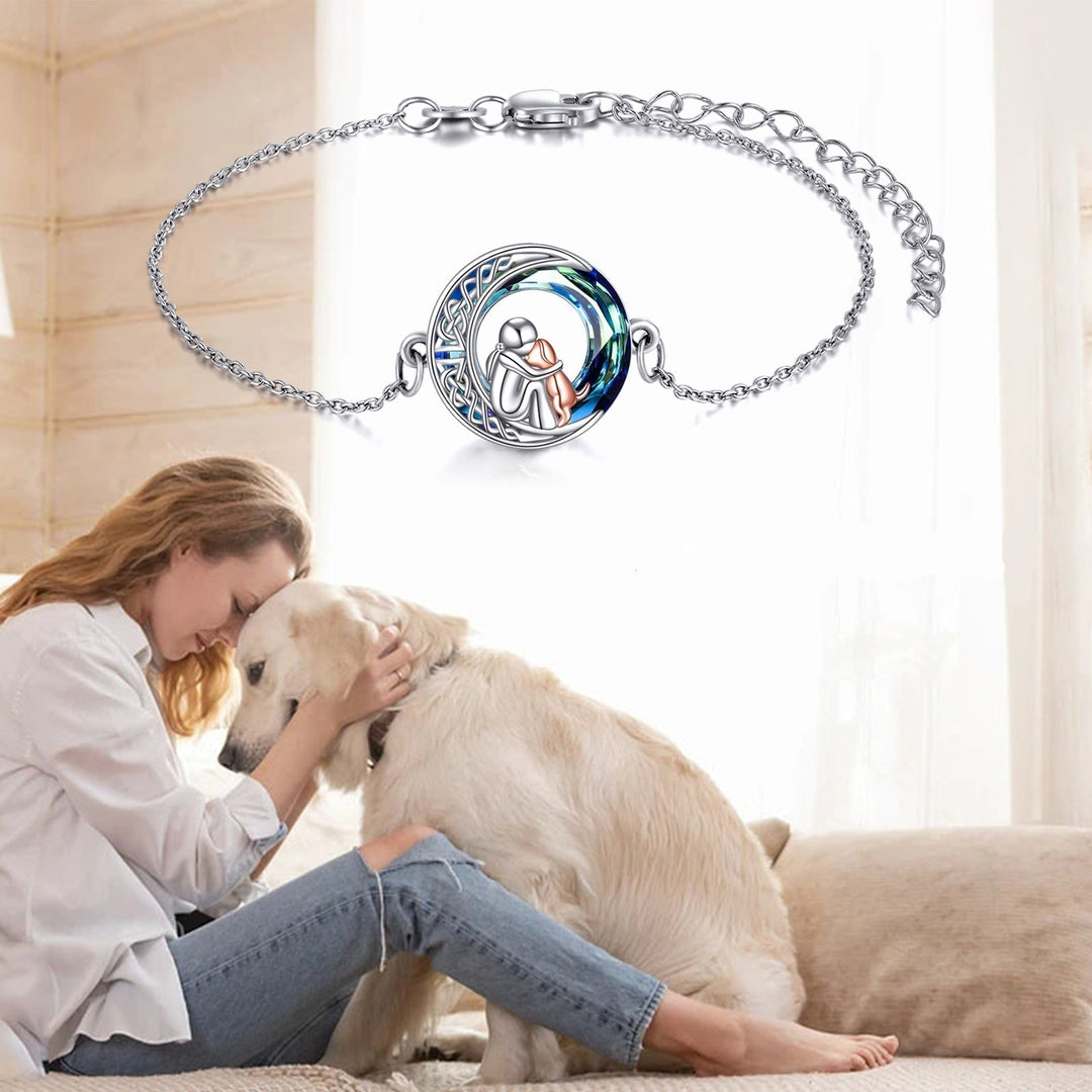 Silver Bracelet with Person Hugging Dog on Celtic Moon