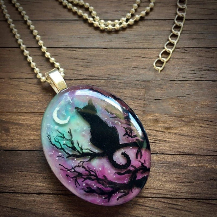 Antique Gold Necklace Nuala with Cat and Moon