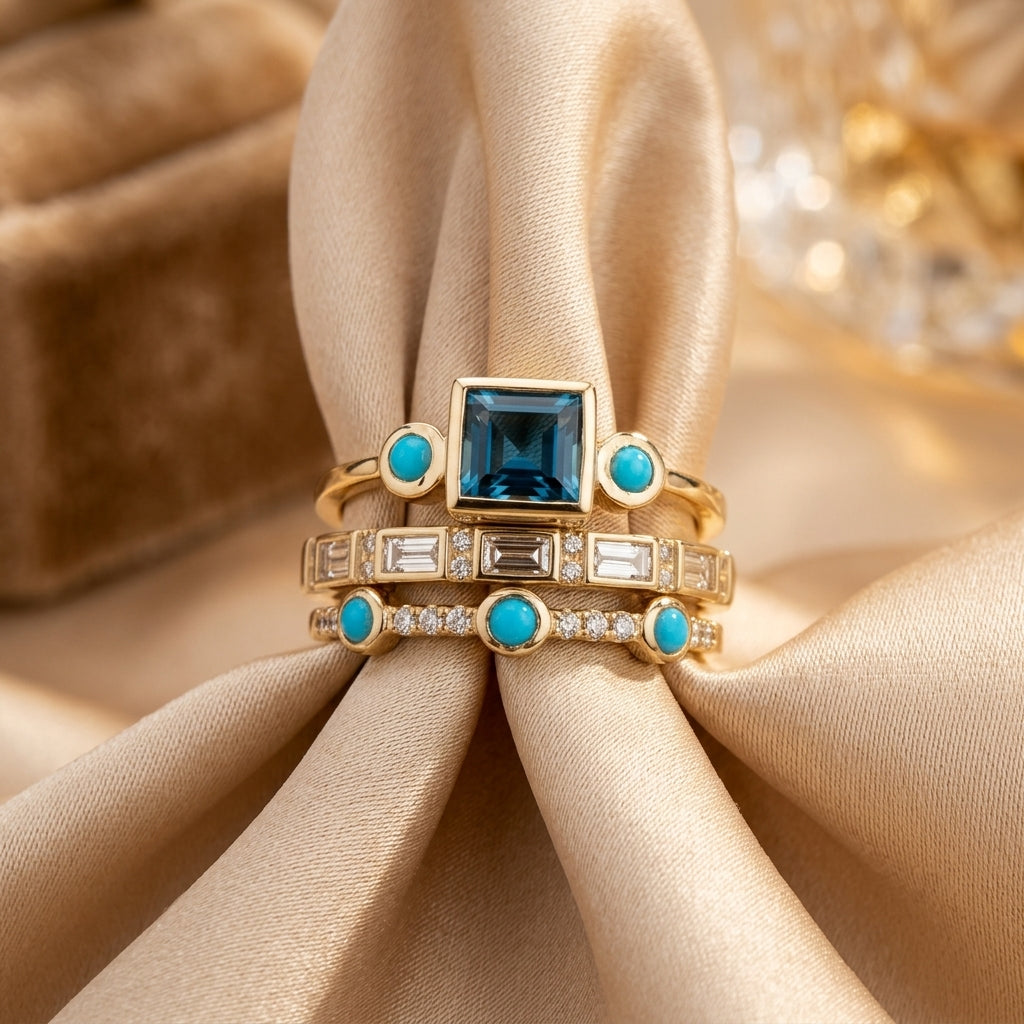 Gold Ring Set Kenmare with Blue Topaz and Turquoise