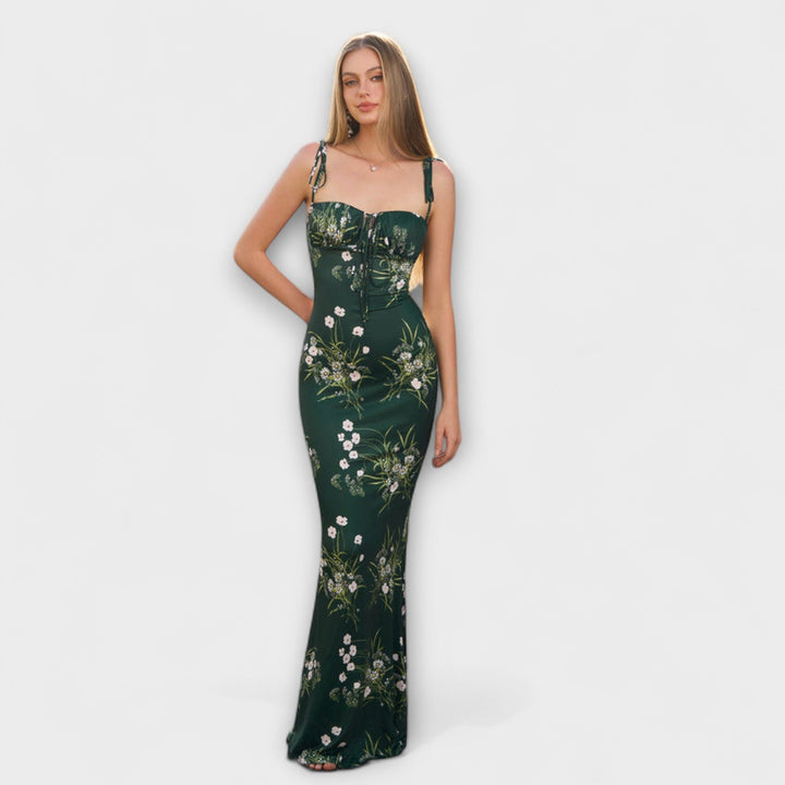 Thalia - Dunkelgrünes Maxikleid mit Blütenmuster