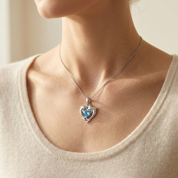 Silver Necklace Muirne with Dolphins and Blue Heart