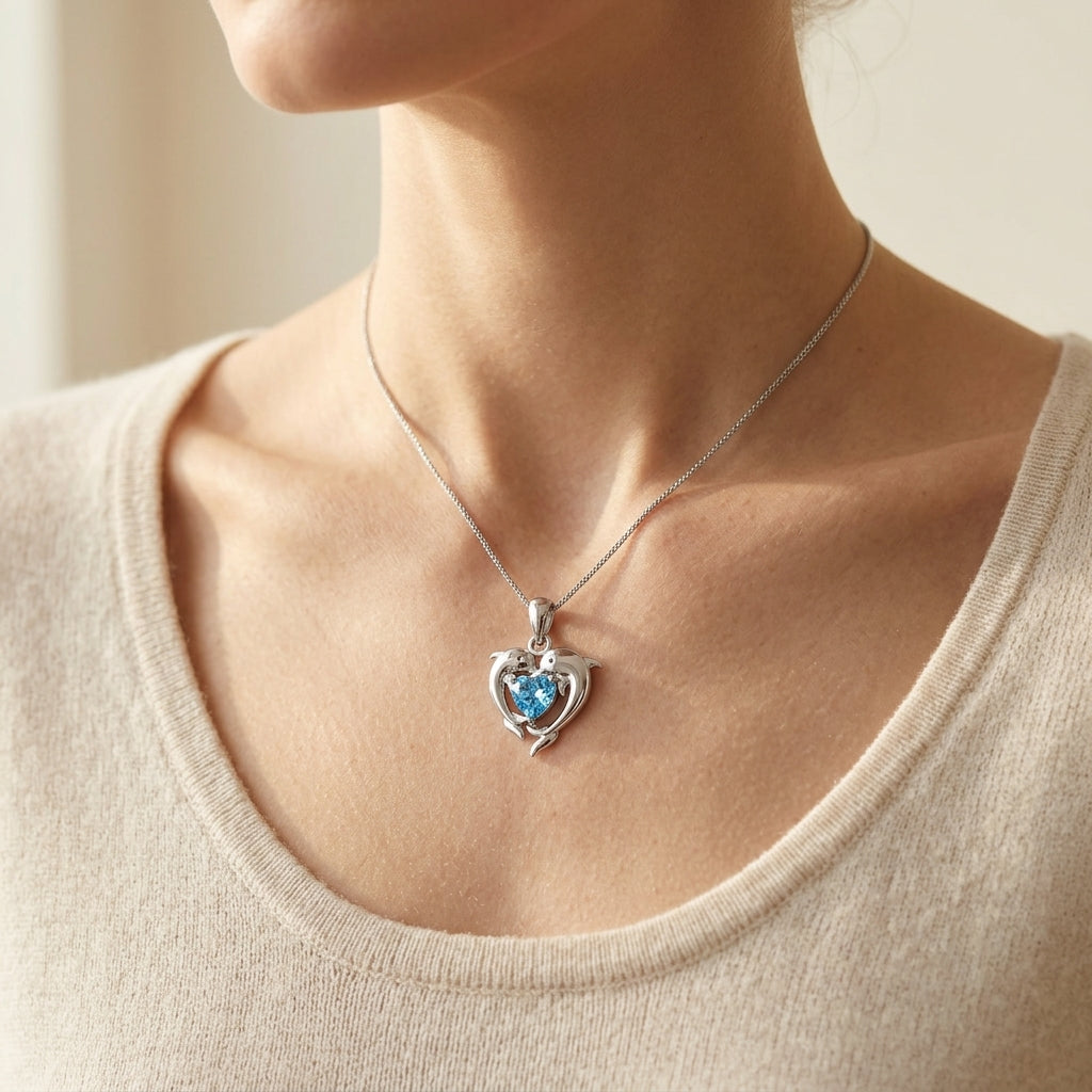 Silver Necklace Sorcha with Dolphins and Blue Heart