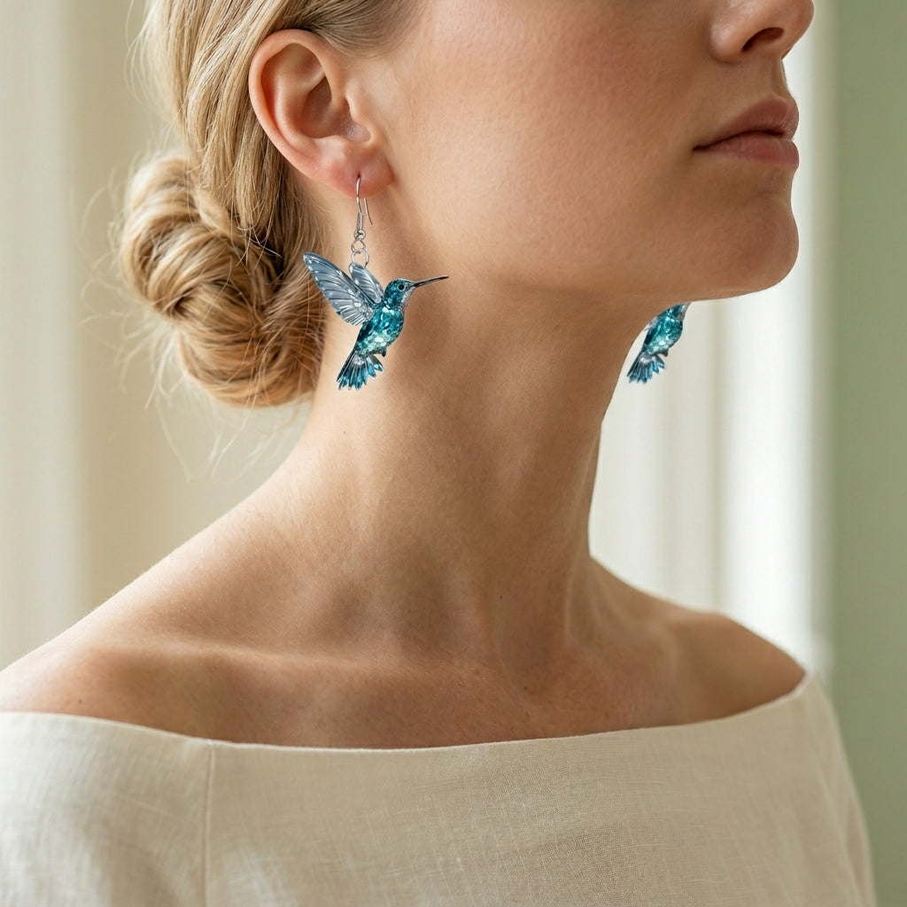 Silver Drop Earrings with Blue Crystal Hummingbird