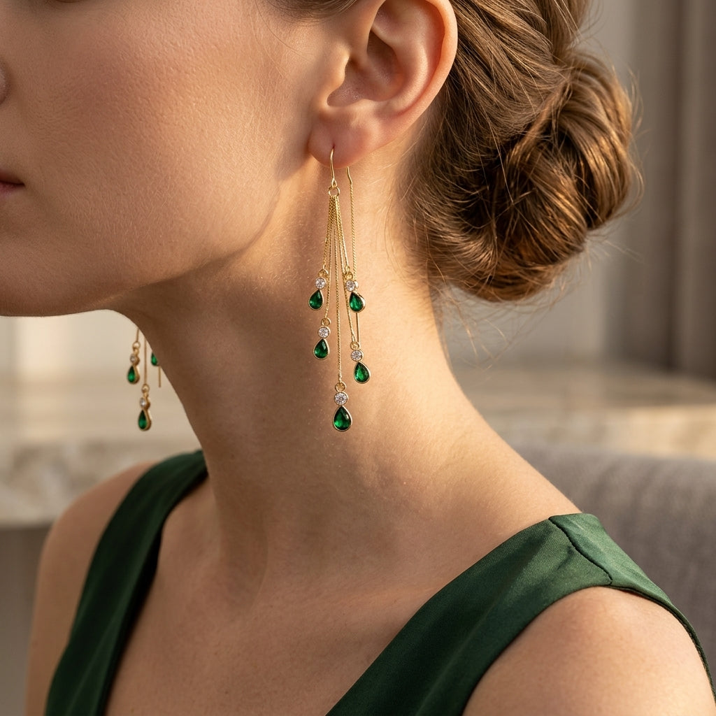 Gold Threader Earrings Clíona with Emerald Drops
