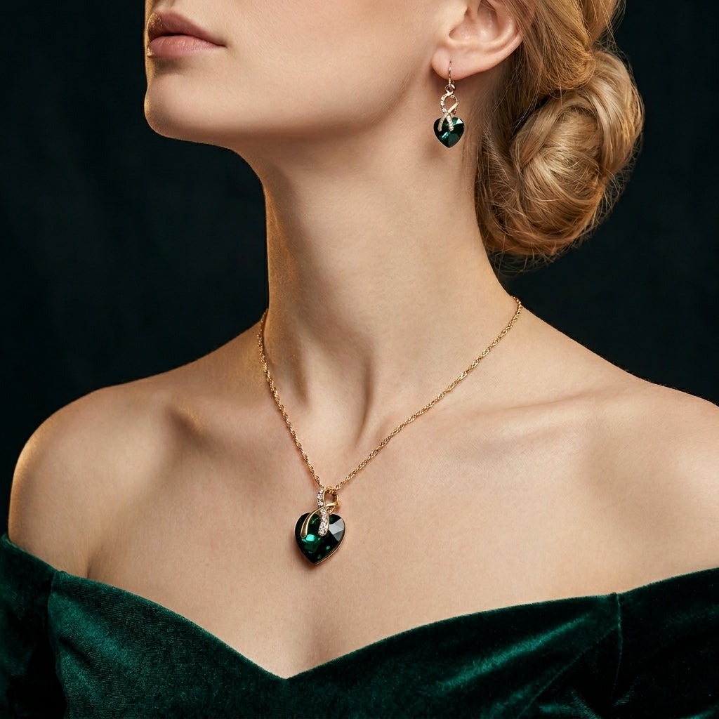 Gold Heart Necklace and Earrings Set with Emerald and Zirconia