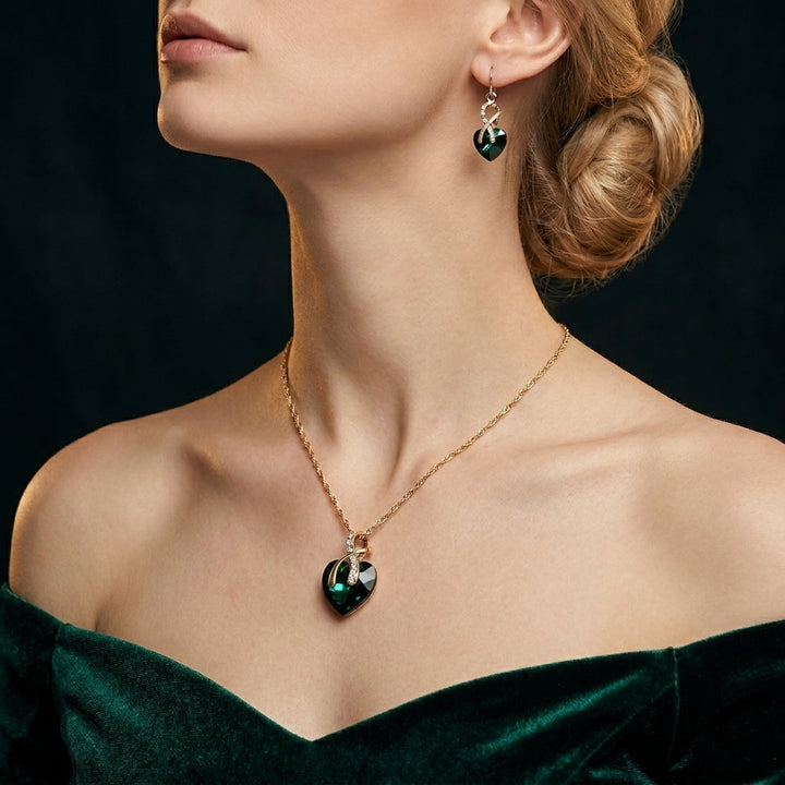 Gold Heart Necklace and Earrings Set with Emerald and Zirconia
