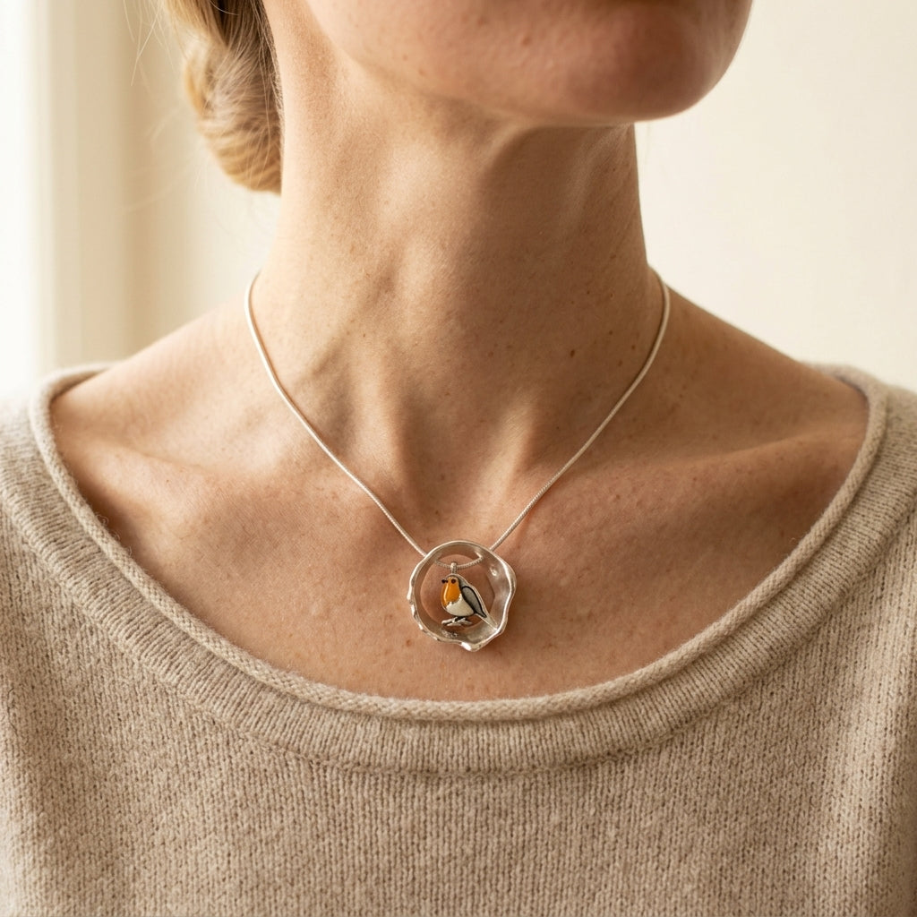 Silver Necklace Nuala with Robin Motif