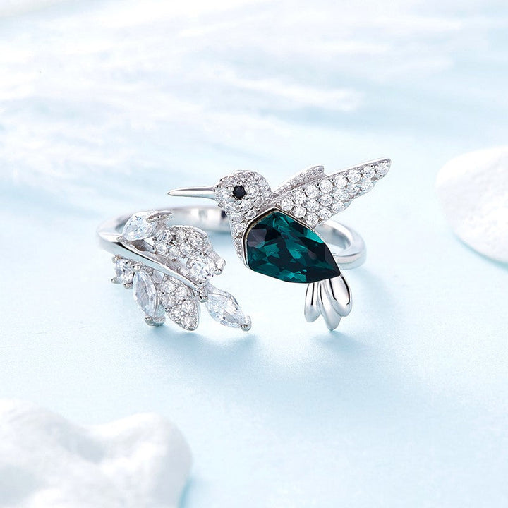 Adjustable Hummingbird Sparkle Ring with Rhinestone Diamond