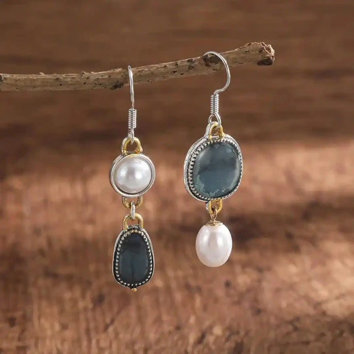 Gold & Silver Drop Earrings with Blue Stone and Pearl