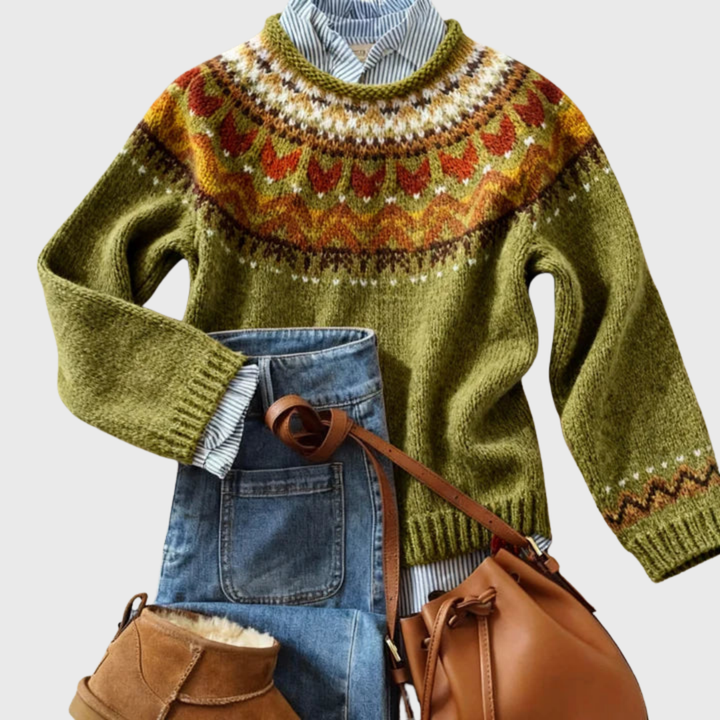 Ardena | Olivgrüner Vintage-Pullover mit Norweger-Muster
