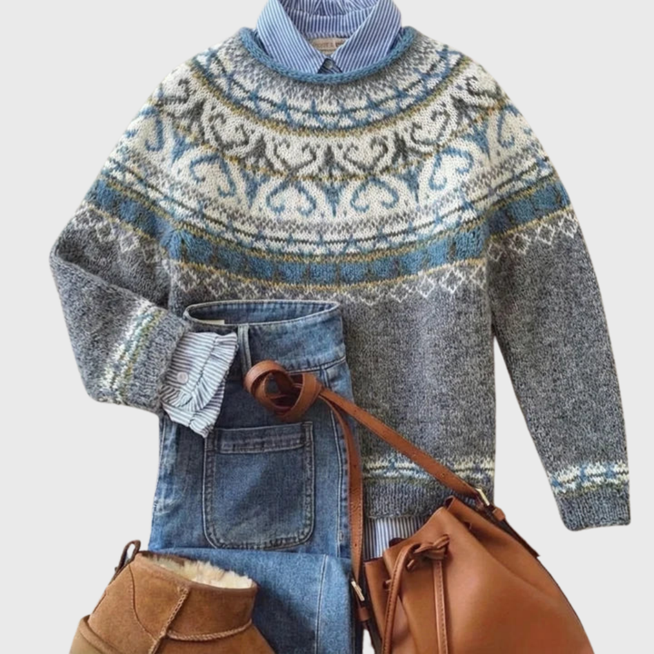Lux | Hellgrauer Vintage-Pullover mit Norweger-Muster