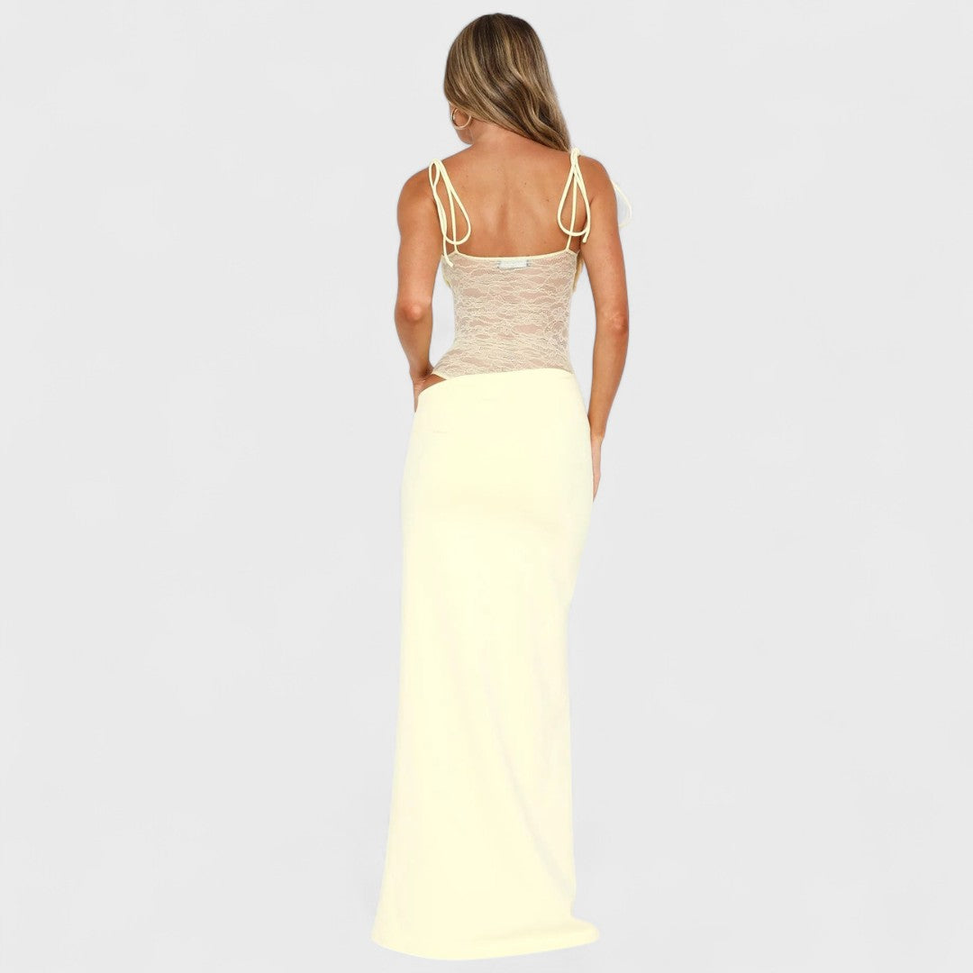 Hanne - Cremefarbenes Maxikleid mit Farbblock