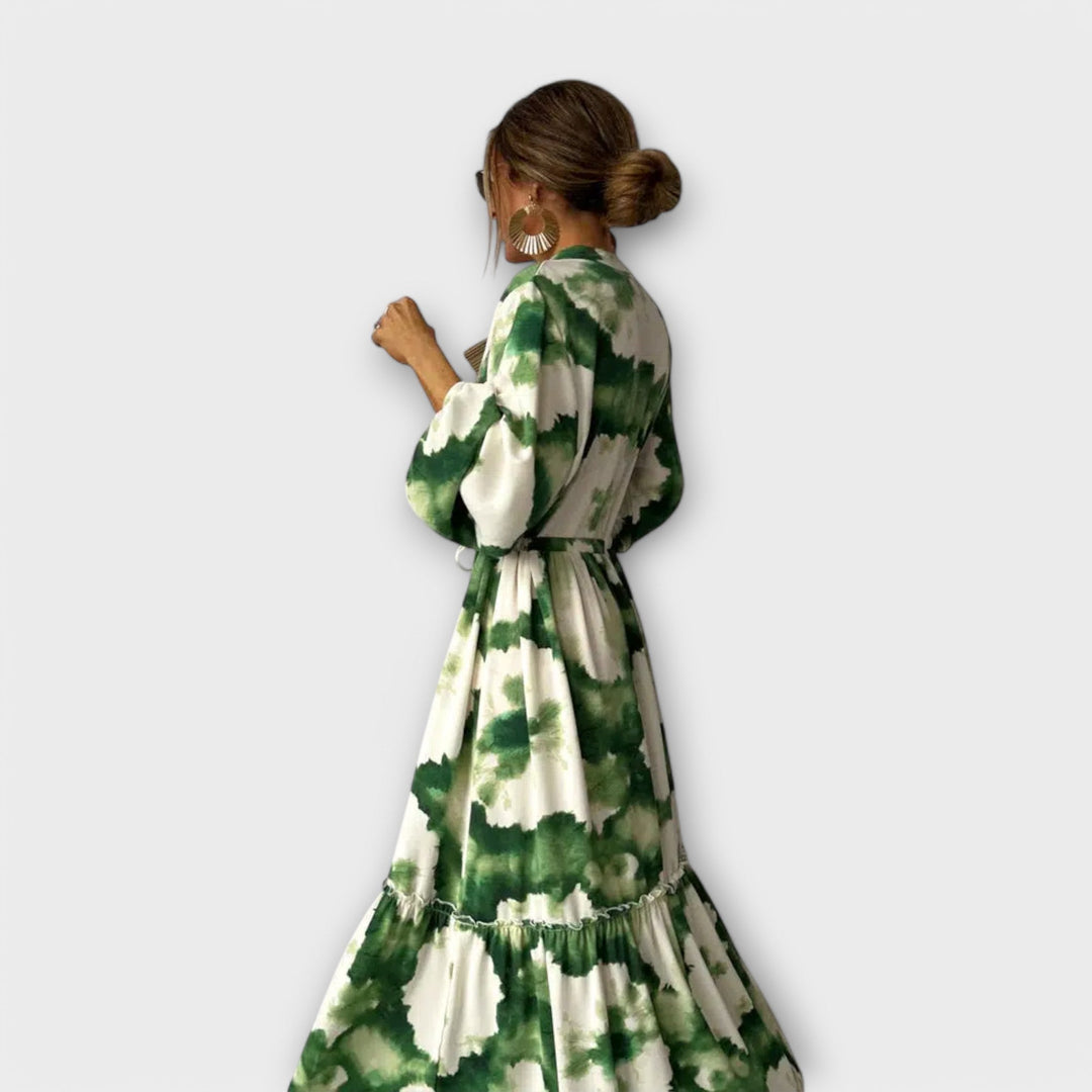 Melina - Grünes Maxikleid mit Blütenmuster und V-Ausschnitt