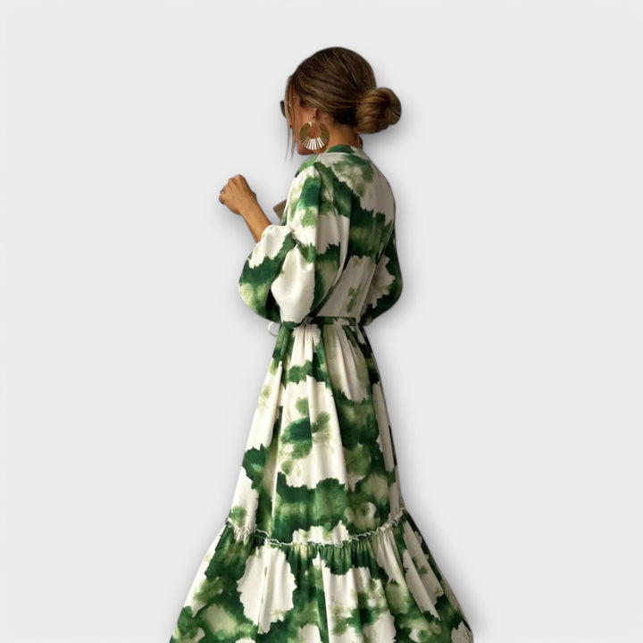 Melina - Grünes Maxikleid mit Blütenmuster und V-Ausschnitt