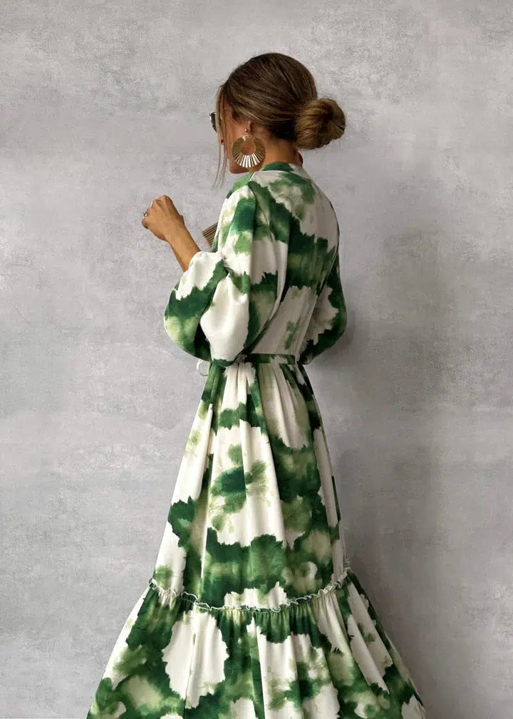 Gabriela - Grün-weisses elegantes Langkleid