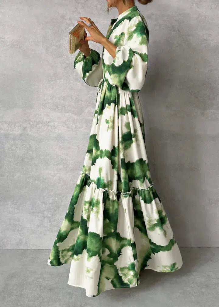 Gabriela - Grün-weisses elegantes Langkleid