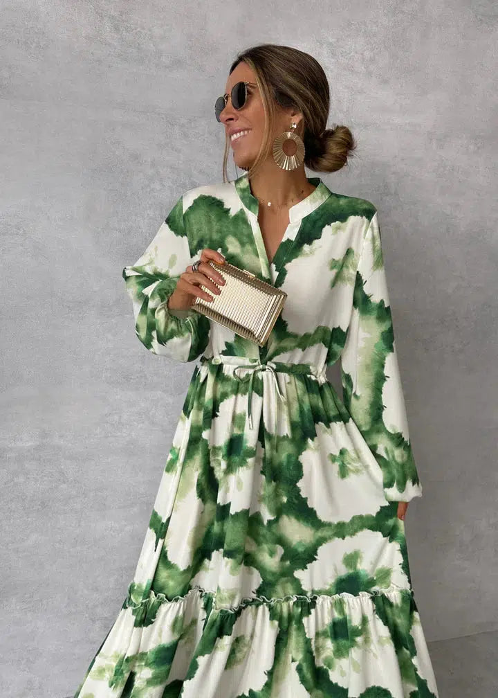 Gabriela - Grün-weisses elegantes Langkleid