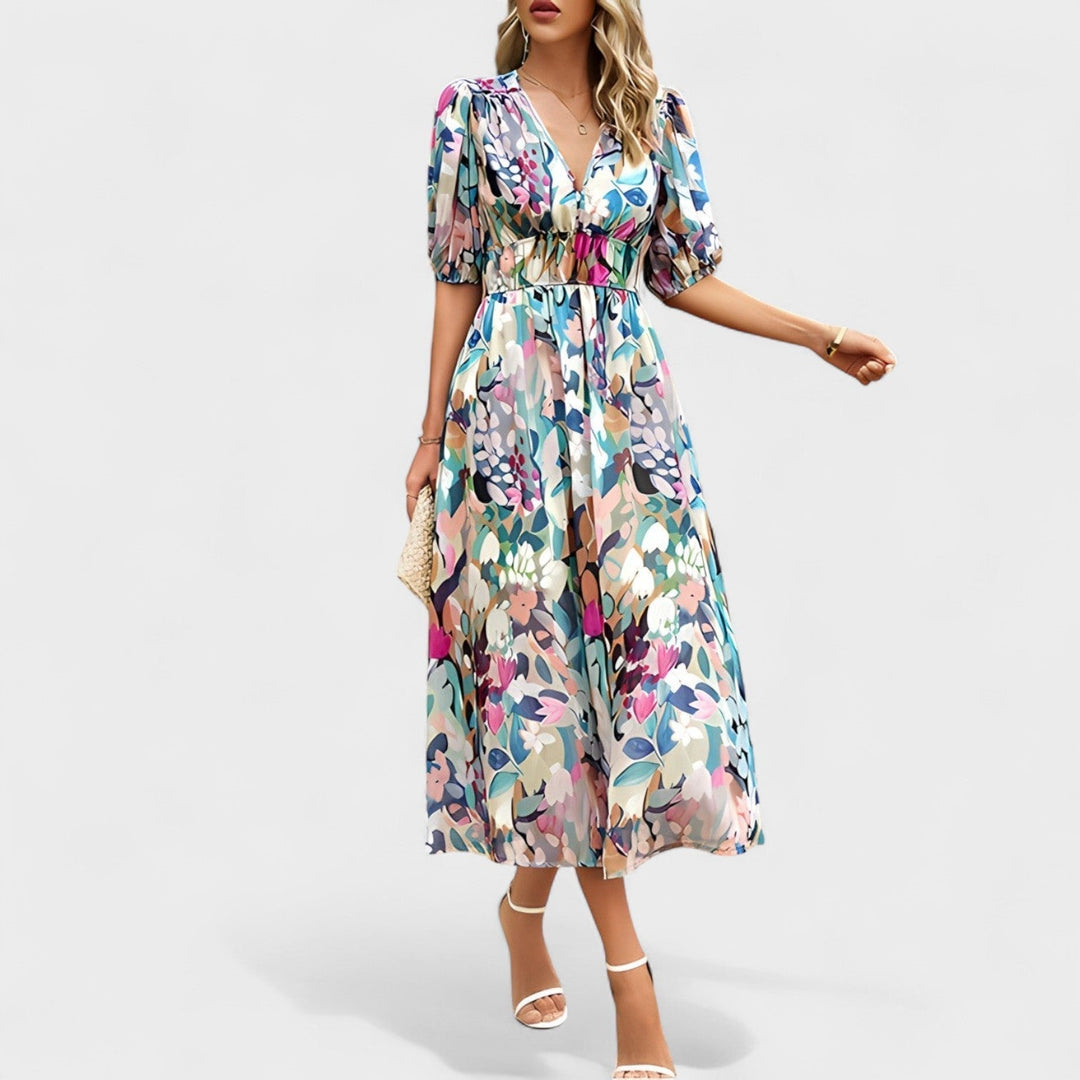 Clara - Blaues Blumen-Midikleid