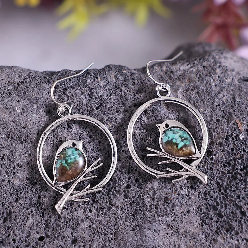 Silver Drop Earrings with Turquoise Bird on a Branch