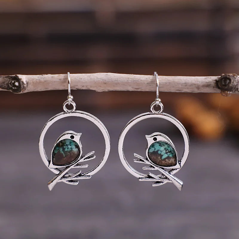Silver Drop Earrings with Turquoise Bird on a Branch