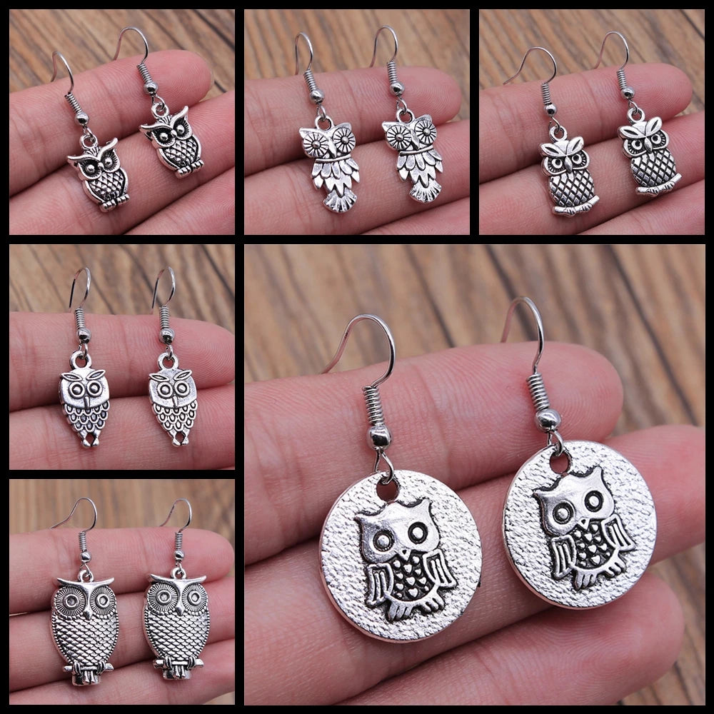 Silver Dangle Earrings Gobnait with Owl Motif