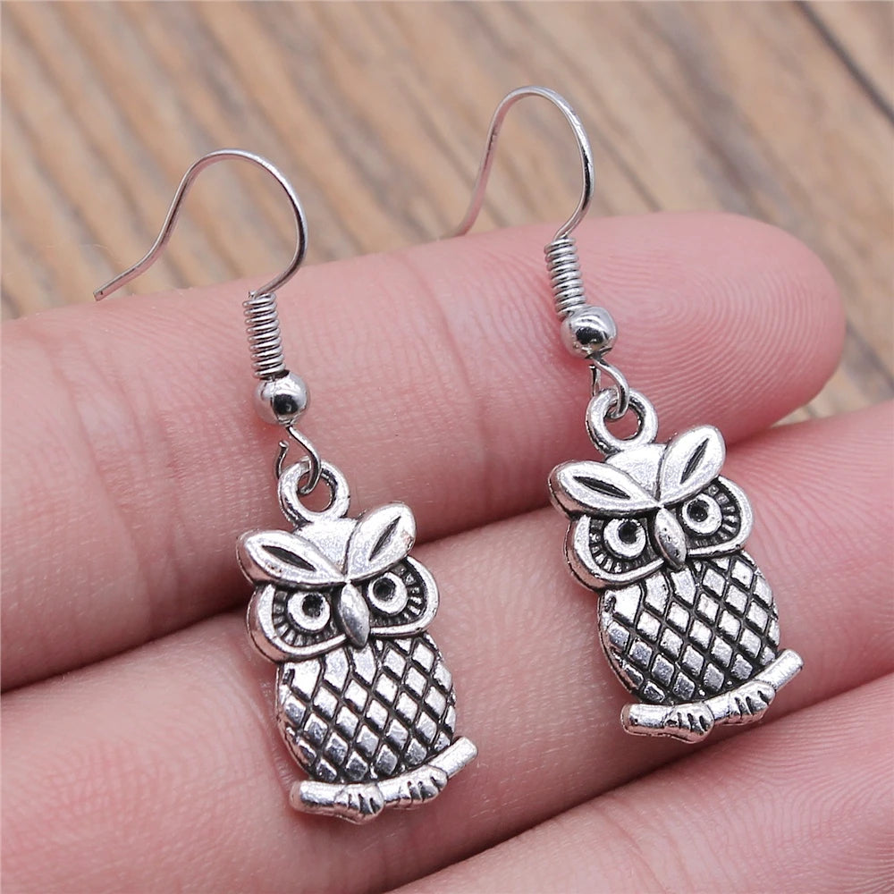 Silver Dangle Earrings Gobnait with Owl Motif