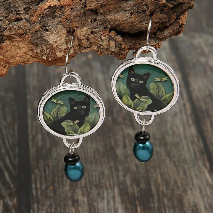 Silver Drop Earrings Gráinne with Black Cat Motif