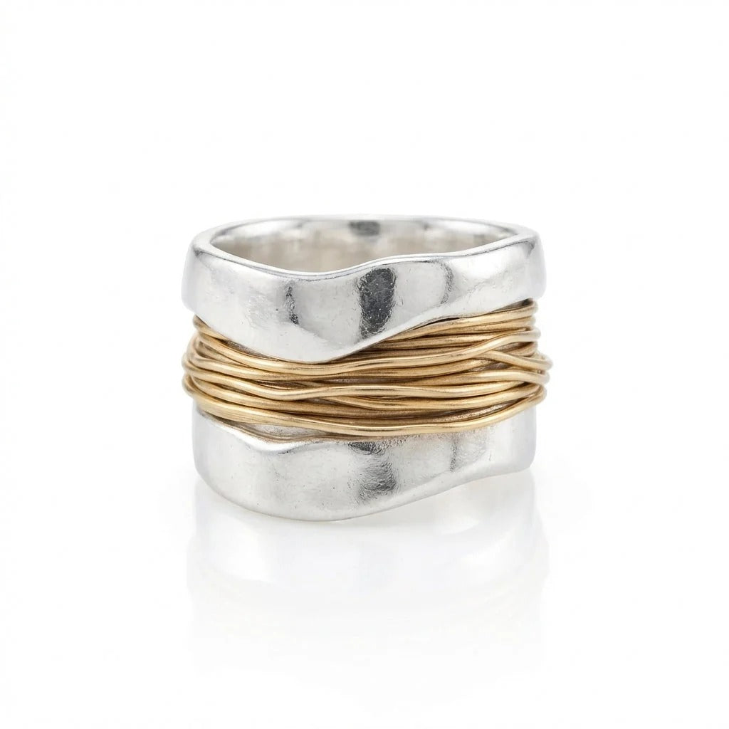 White Gold-Tone Ring with Gold Threads