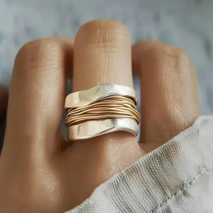 White Gold-Tone Ring with Gold Threads