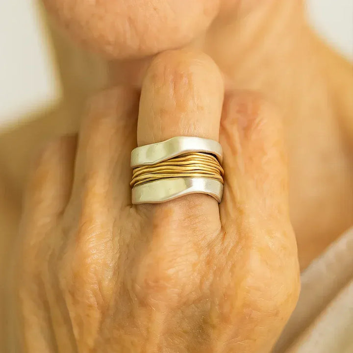 White Gold-Tone Ring with Gold Threads