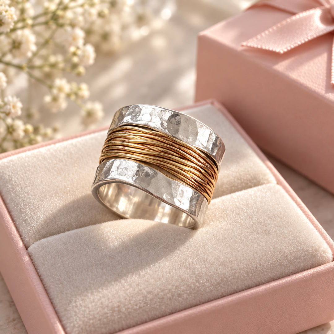 White Gold-Tone Ring with Gold Threads